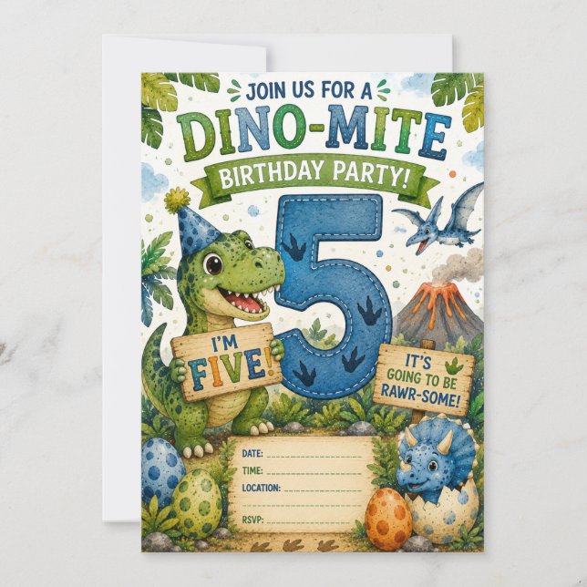 Convite de Aniversário de 5 anos Dino-Mite (Frente)