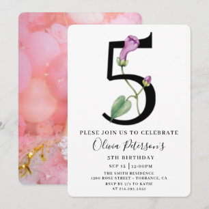 Convite de Aniversário de 5 anos Floral Com Foto P
