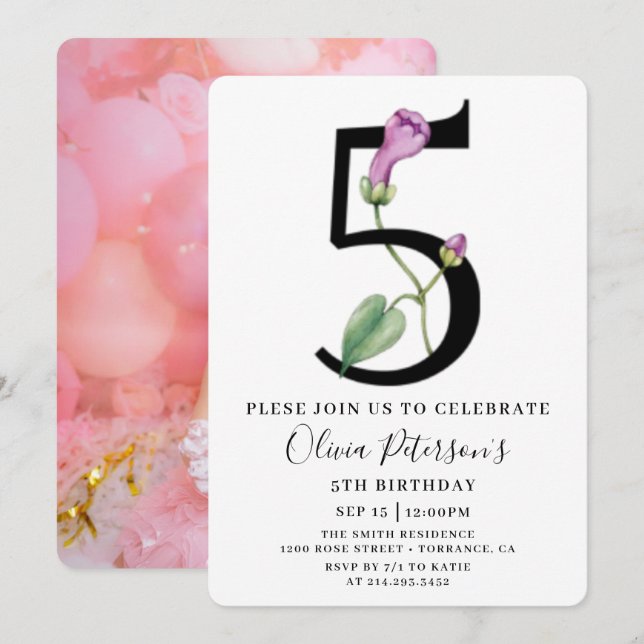 Convite de Aniversário de 5 anos Floral Com Foto P (Frente/Verso)