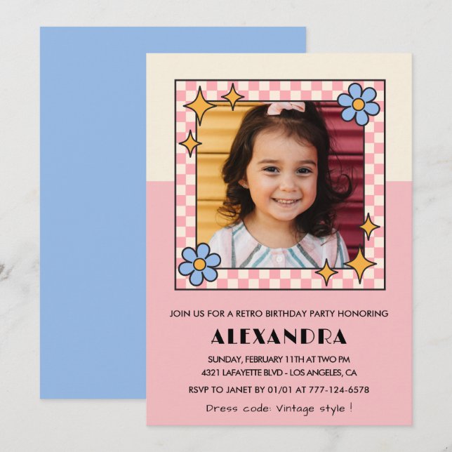 convite de aniversário de 5 anos Flores Cor-de-Ros (Frente/Verso)