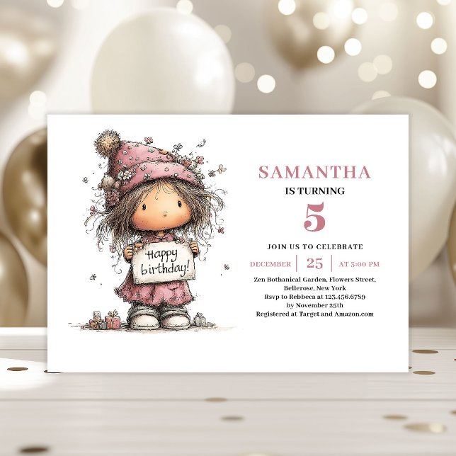 Convite de Aniversário de 5 Anos para Crianças Div (Funny Kids 5th Birthday Invitation Pink File)