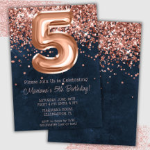 Convite de Aniversário de 5 anos Rose Gold Navy Bl