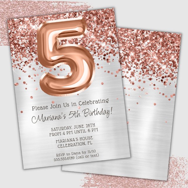 Convite de Aniversário de 5 anos Rose Gold Silver (Criador carregado)