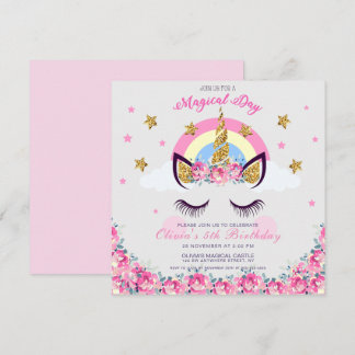 Convite de Aniversário de 5 Floral do Unicorn Pers