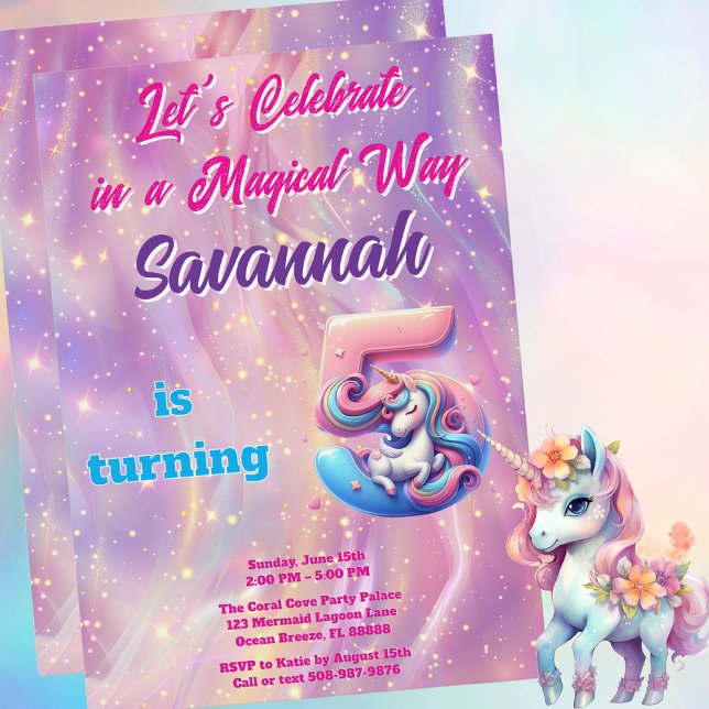 Convite de aniversário de 5 Púrpura Rosa (Magical Unicorn Birthday Party Invitation)