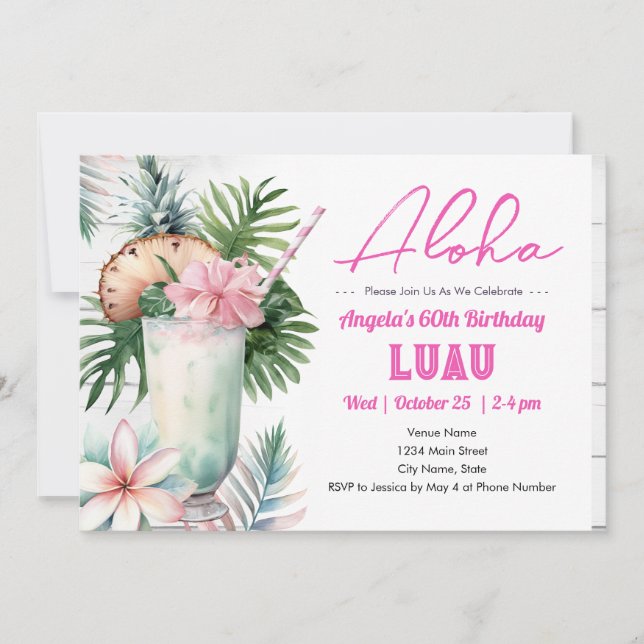 Convite de Aniversário de 60 anos Aloha Luau Tropi (Frente)