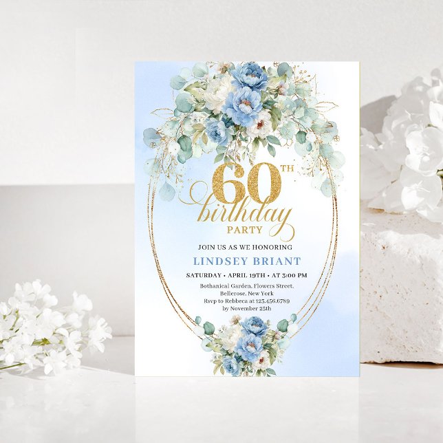Convite de Aniversário de 60 anos Azul Rústico e D (Rustic Blue and Gold 60th Birthday Invitation)