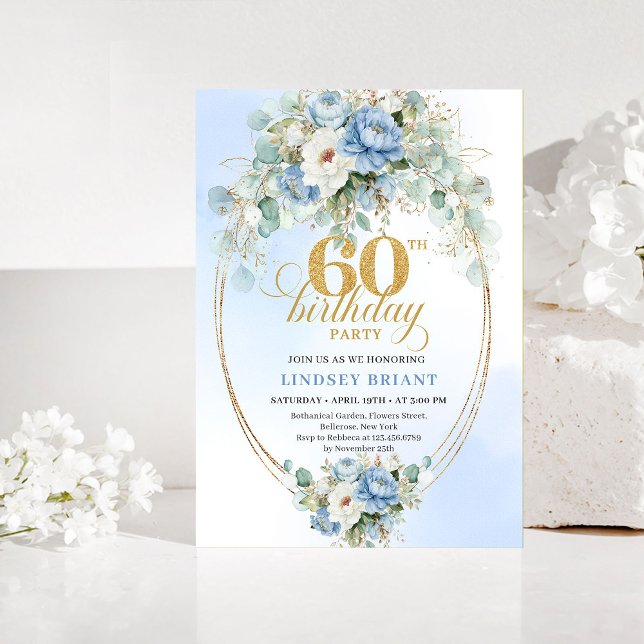 Convite de Aniversário de 60 anos Boho Dusty Blue  (Boho Dusty Blue Floral 60th Birthday Invitation)