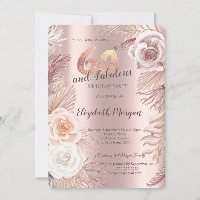Convite de Aniversário de 60 anos Boho Flores Dour (Frente)