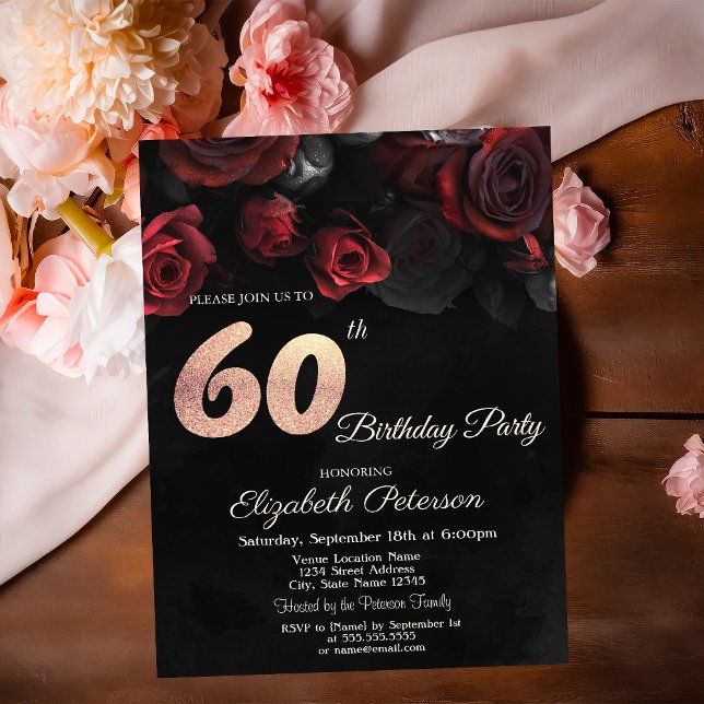 Convite de Aniversário de 60 Anos Chic Red Roses B (Criador carregado)