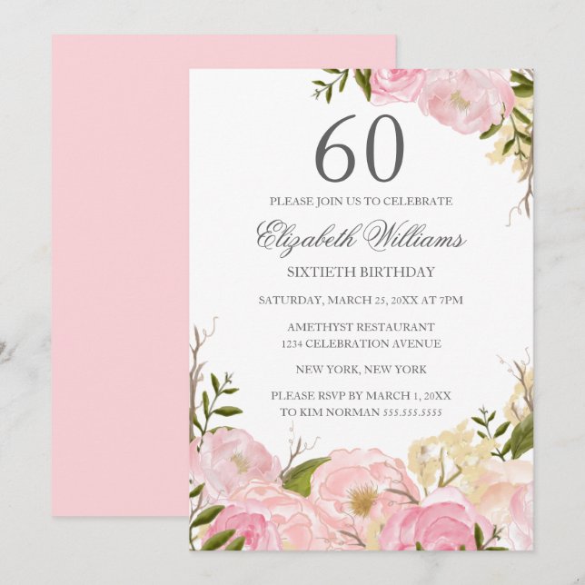Convite de Aniversário de 60 Anos com Floral Aquar (Frente/Verso)