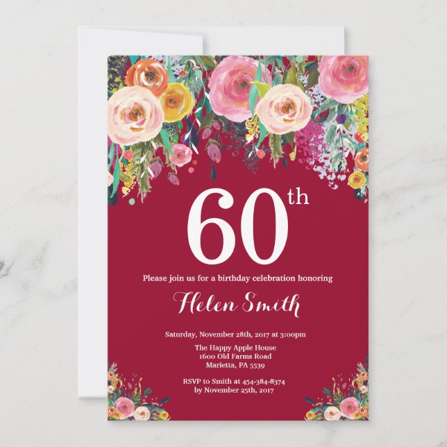 Convite de Aniversário de 60 anos com Floral Burgu (Frente)