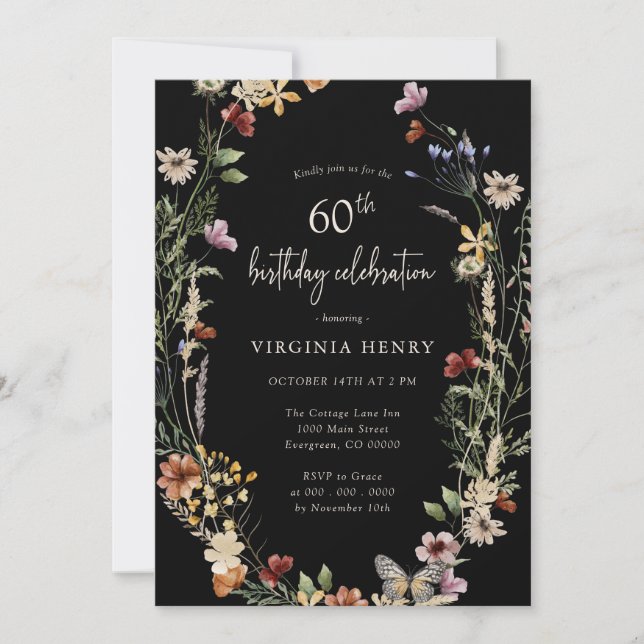 Convite de Aniversário de 60 anos com Floral Preto (Frente)
