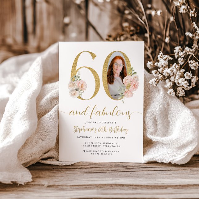 Convite de Aniversário de 60 Anos com Foto Floral  (Criador carregado)