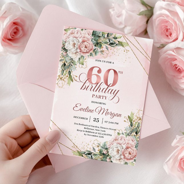 Convite de Aniversário de 60 anos com Moldura Dour (Rose Gold Floral Gold Frame 60th Birthday Invitation)