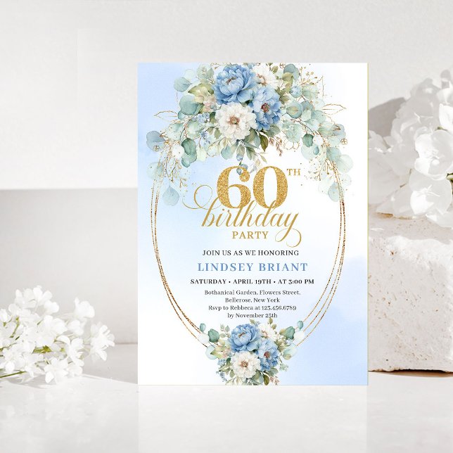 Convite de Aniversário de 60 anos com Peônias Azui (Elegant Blue Peonies 60th Birthday Invitation)