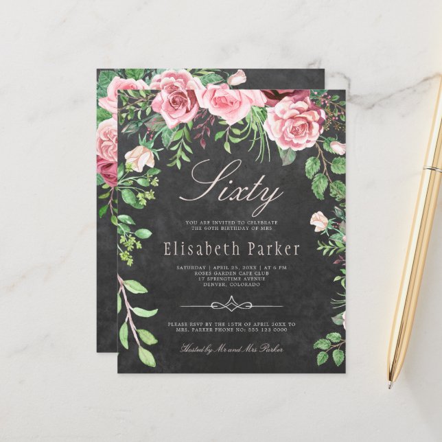 Convite de aniversário de 60 anos com rosas cor-de (Frente/Verso In Situ)