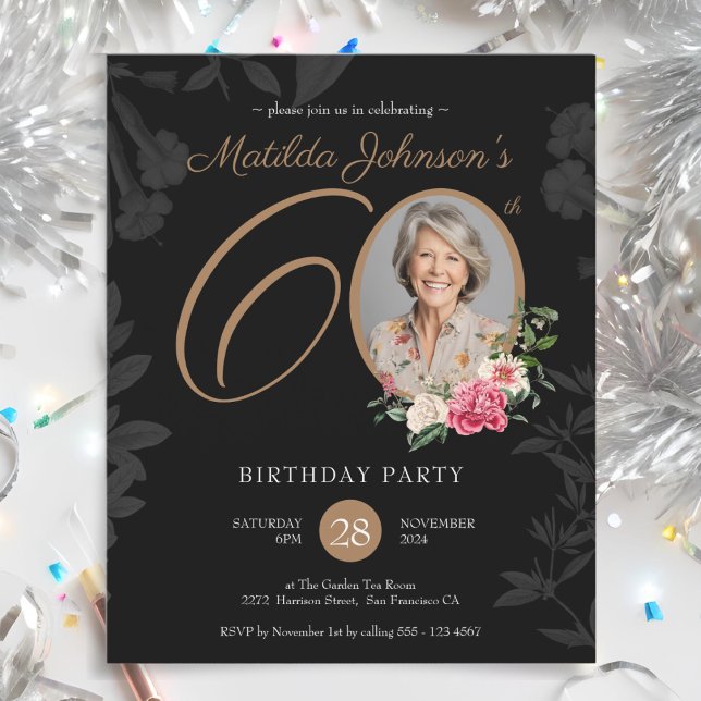Convite de Aniversário de 60 Anos com Tema Floral  (Budget Floral 60th Birthday Party Invitation)