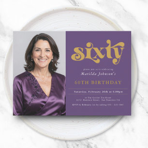 Convite de Aniversário de 60 anos Dourado Roxo