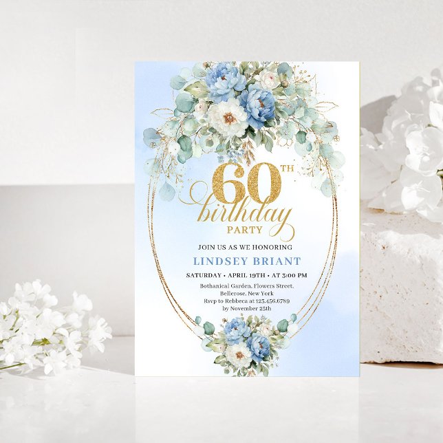 Convite de Aniversário de 60 anos Dusty Blue Green (Dusty Blue Greenery 60th Birthday Invitation)