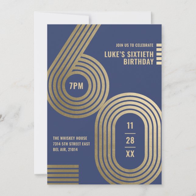Convite de Aniversário de 60 Anos Elegante Azul (Frente)