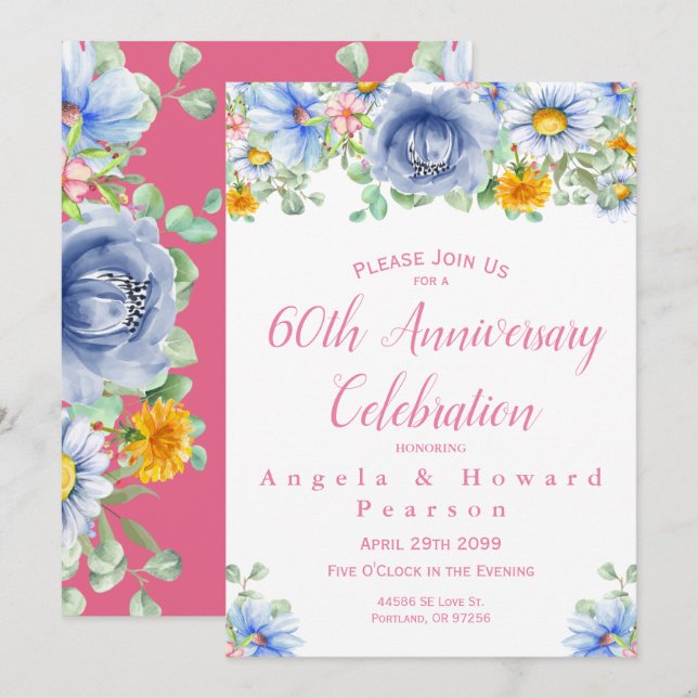 Convite de Aniversário de 60 Anos Floral de Eucali (Frente/Verso)