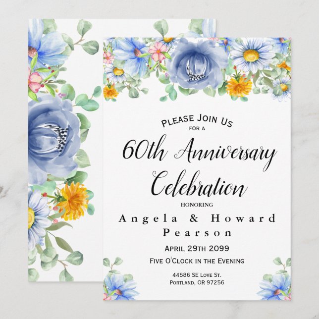 Convite de Aniversário de 60 Anos Floral Eucalipto (Frente/Verso)