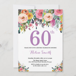 Convite de Aniversário de 60 anos Floral Roxo