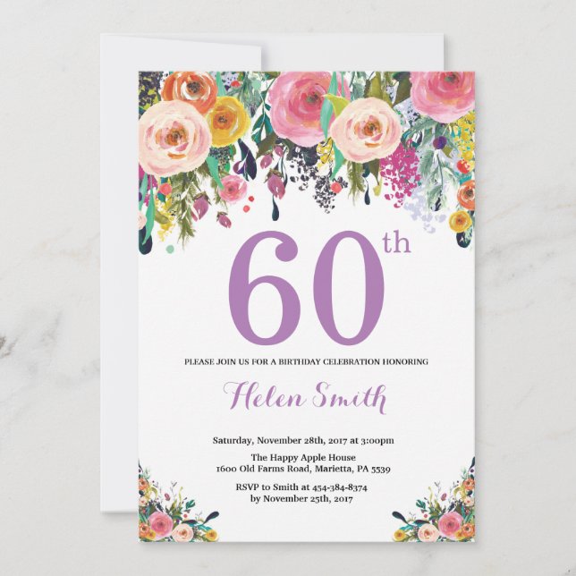 Convite de Aniversário de 60 anos Floral Roxo (Frente)