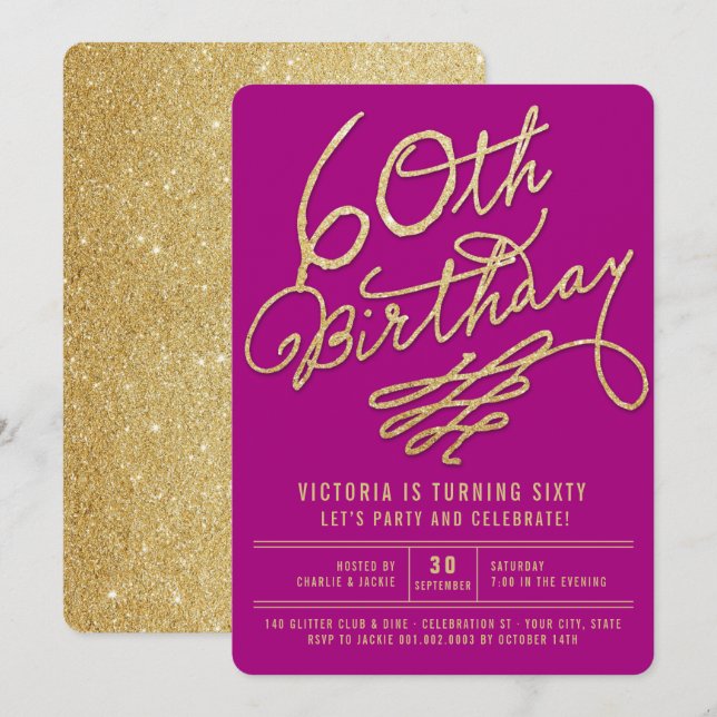 Convite de Aniversário de 60 Anos Glam Glitter Dou (Frente/Verso)