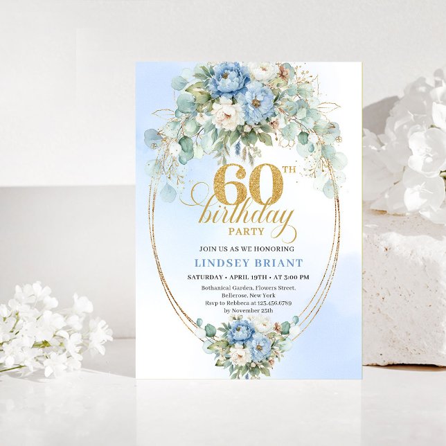 Convite de Aniversário de 60 anos Light Blue Eucal (Light Blue Eucalyptus 60th Birthday Invitation)