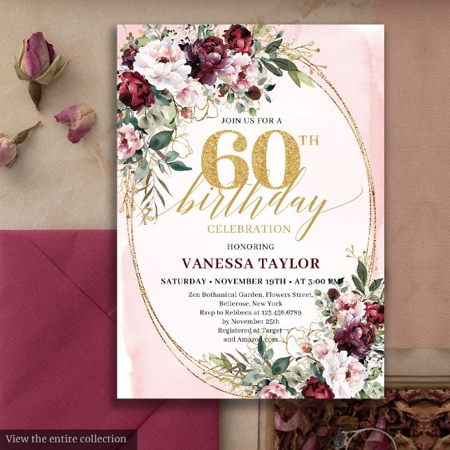 Convite de Aniversário de 60 Anos Modern Boho Burg (Modern Boho Burgundy Roses 60th Birthday Invite)