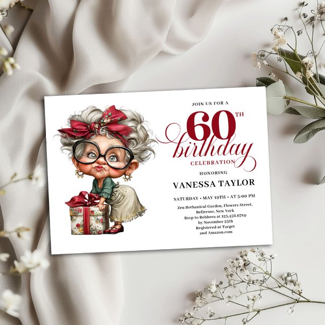 Convite de Aniversário de 60 Anos para Mulher Excê (Quirky Old Woman 60th Birthday Invitation Card)