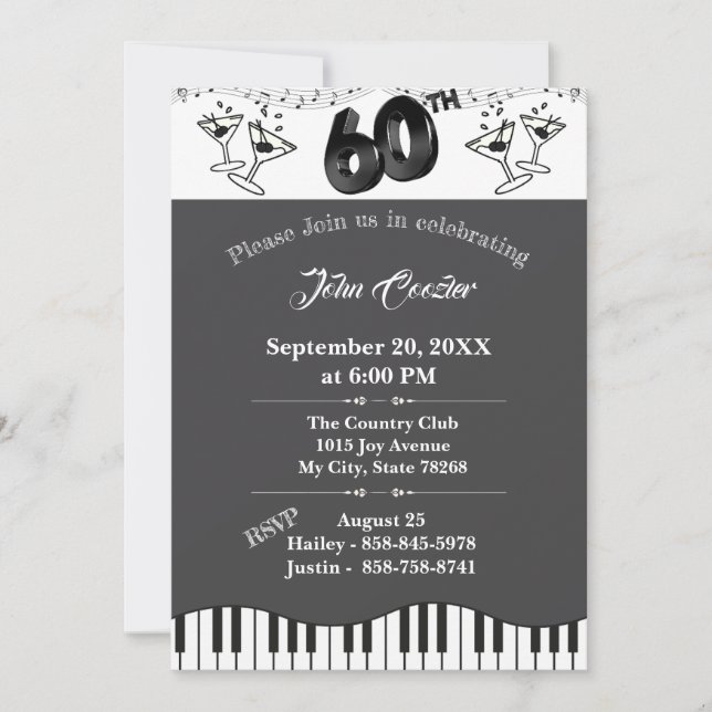 Convite de Aniversário de 60 anos Preto e Branco c (Frente)