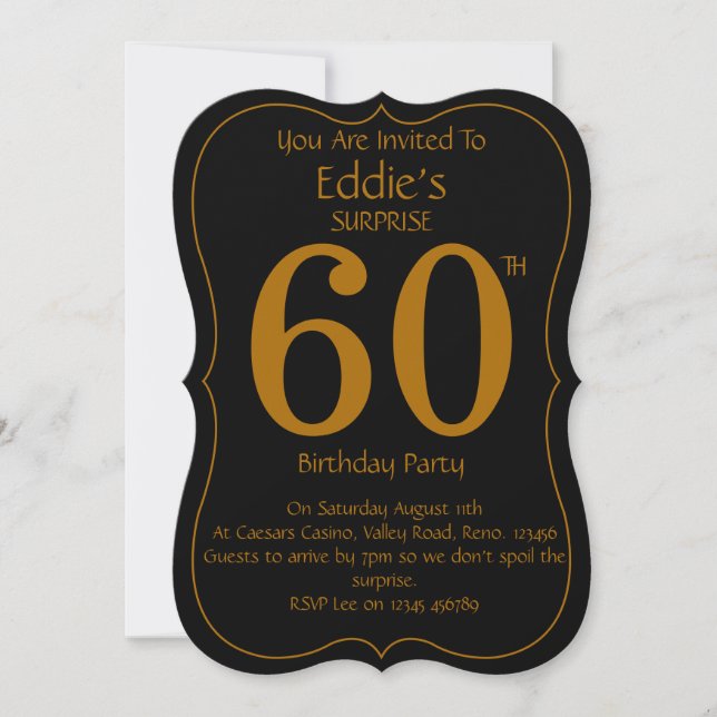 Convite de Aniversário de 60 anos Preto e Dourado (Frente)
