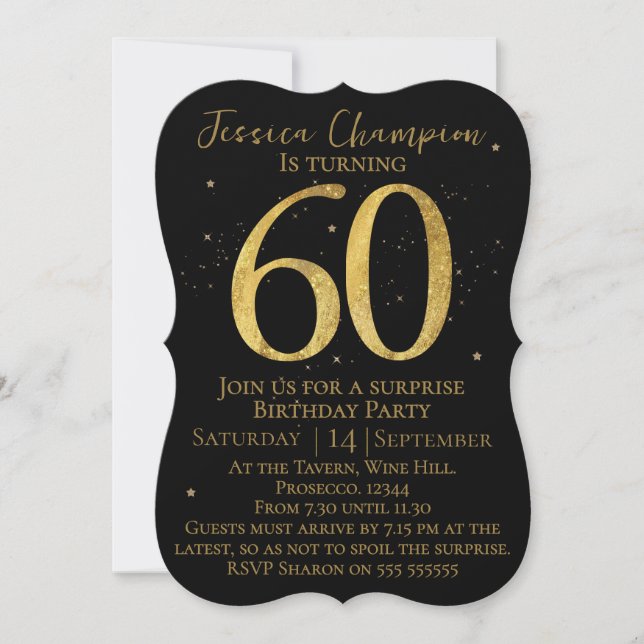 Convite de Aniversário de 60 anos Preto e Dourado (Frente)