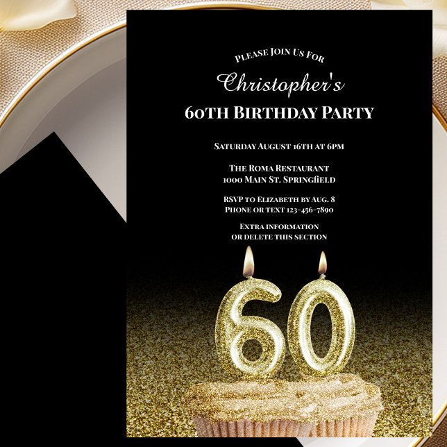 Convite de Aniversário de 60 anos Preto e Dourado  (Criador carregado)