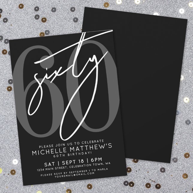 Convite de Aniversário de 60 Anos Preto Moderno (Modern Black 60th Birthday Party Invitation)