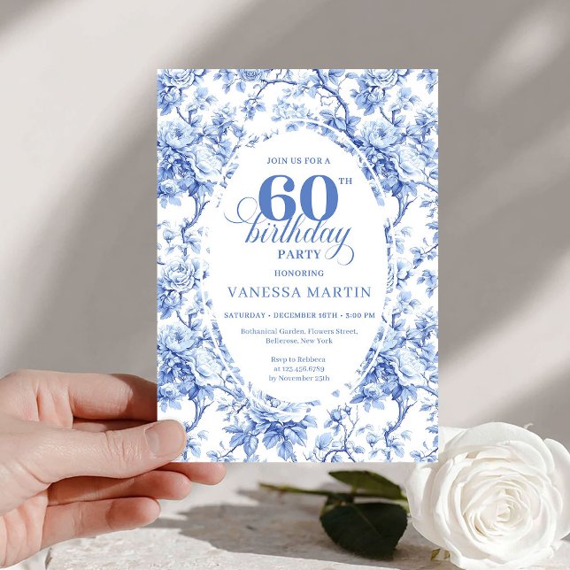 Convite de Aniversário de 60 anos Pretty Dusty Blu (Pretty Dusty Blue Toile Roses 60th Birthday Invite

)