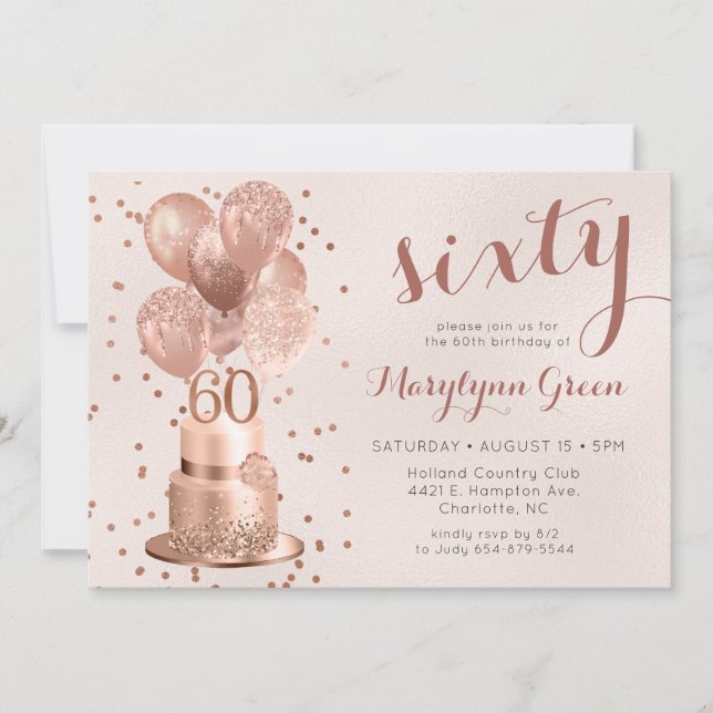Convite de Aniversário de 60 Anos Rose Gold Cake (Frente)