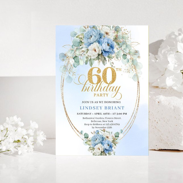 Convite de Aniversário de 60 anos Rustic Dusty Blu (Rustic Dusty Blue Floral 60th Birthday Invitation)