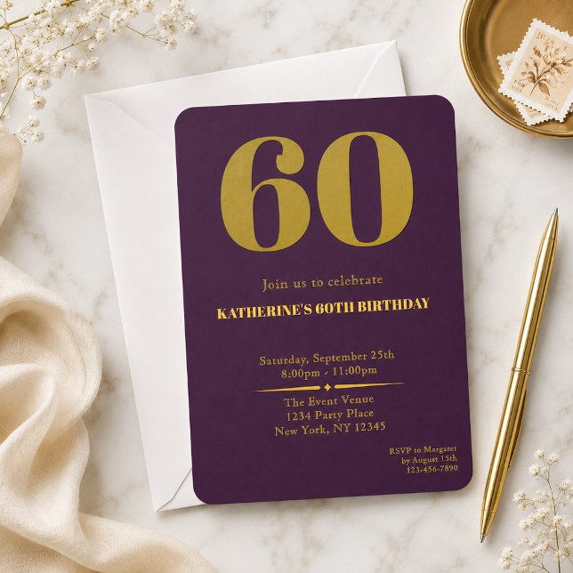 Convite de Aniversário de 60 anos Sixty Plum Gold (Criador carregado)