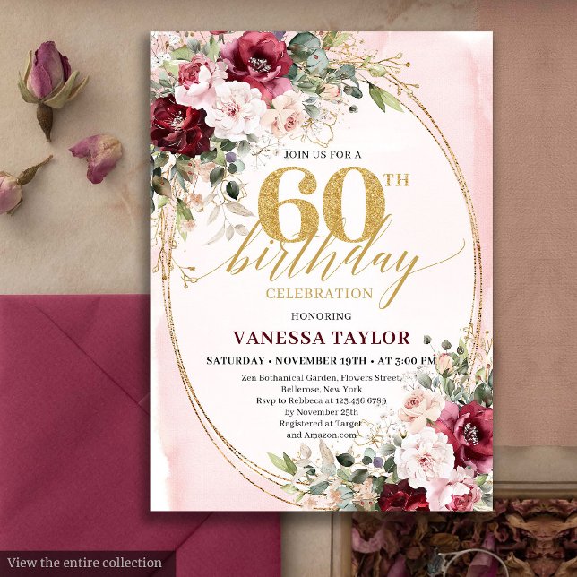 Convite de Aniversário de 60 anos Sofisticado Boho (Sophisticated Boho Blush Gold 60th Birthday)