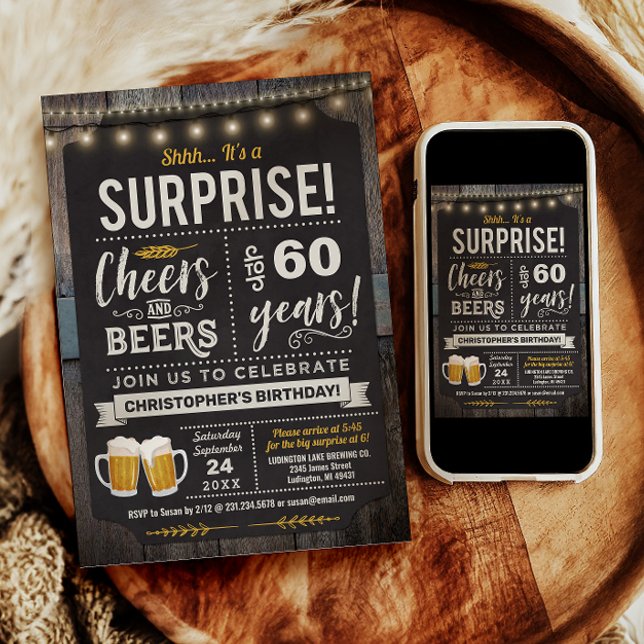 Convite de Aniversário de 60 anos Surpresa de Apla (Surprise Cheers and Beers 60th Birthday Invitation)