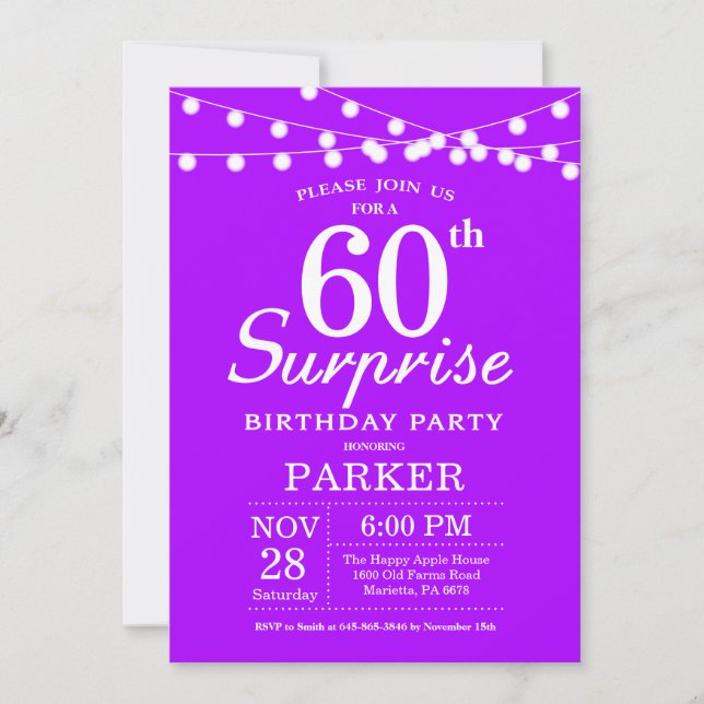 Convite de Aniversário de 60 anos Surpresa Roxo La (Frente)