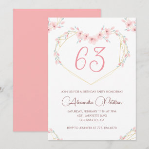 Convite de Aniversário de 63 anos Pink Watercolor 