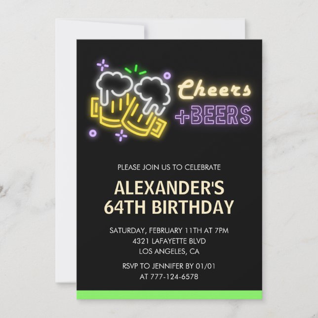 Convite de aniversário de 64 anos Neon Cheers Beer (Frente)