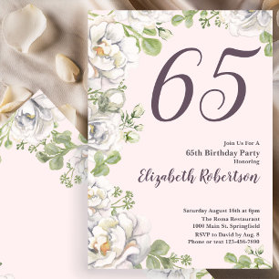 Convite de Aniversário de 65 anos Blush Rosa Flora