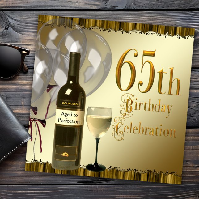 Convite de Aniversário de 65 Anos com Garrafa de V (Black and gold 65th birthday invitation. Need a different number? Send us a message.)