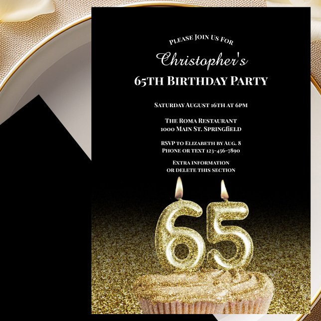 Convite de Aniversário de 65 anos Preto e Dourado  (Criador carregado)